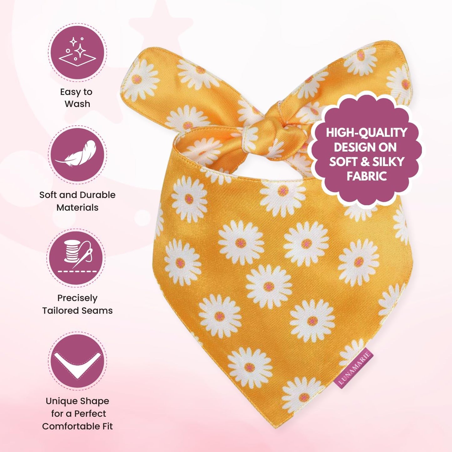 LunaMarie - Luxury Pet Birthday Bandanas -Premium & Silky Poly Fabric | 100% Handmade | Custom Shape Dual Layered (Daisies, Small)