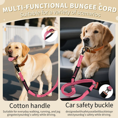 Heavy Duty Tactical Bungee Dog Leashes, 4-6FT Shock Absorbing Tactical Dog Leash with 2 Padded Handles, Metal Carabiner Clip,Car Seatbelt, Reflective Dog Leash for Medium Large Dogs (Pink)