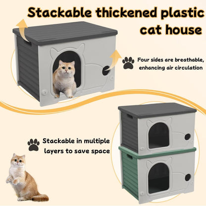Plastic Outdoor Cat House Waterproof Feral Cat Shelter(Gray)