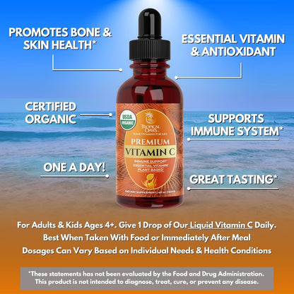 Tropical Oasis USDA Organic Liquid Vitamin C Drops for Adults & Kids | Supports Healthy Immune System | 98% Absorption Rate | Vegan | Non-GMO | Gluten Free | 60 Servings