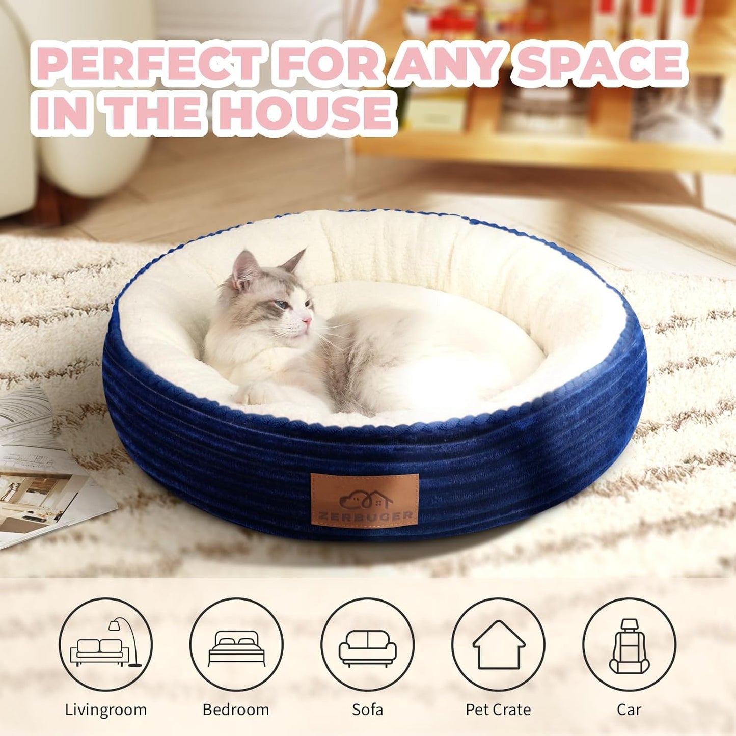 23in Round Cat Dog Bed for Large Medium Small Dogs Cats, Machine Washable Sleeping Sofa, Non-Slip Bottom Breathable Soft Calming Pet Cuddler for Indoor/Outdoor/Car/Cage, Navy Blue