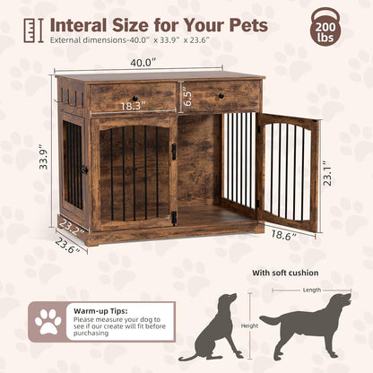 40 Inch Furniture-Style Dog Crate-Multipurpose Wood Pet Crate Furniture with Double Doors,2 Drawers, Decorative Dog House Indoor for Smal/Medium Dogs, Brown Finish
