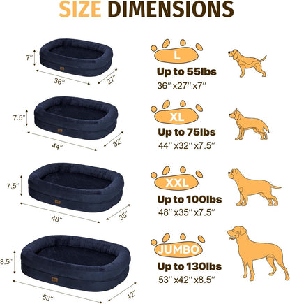 Orthopedic Washable Large Dog Bed: Cooling Dog Bed with Bolsters - Jumbo Bed Waterproof Removable Cover Non-Slip Pet Bed for Extra Large Sized - Navy