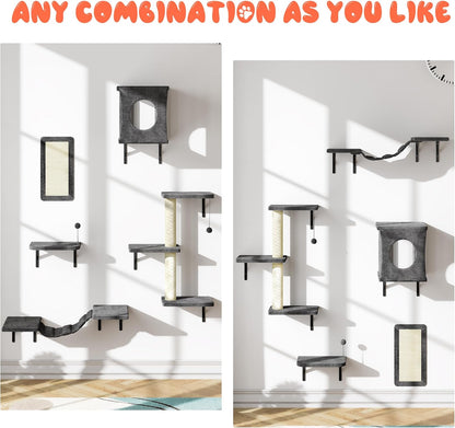 NUNU LAB Cat Wall Shelves Set, 5 Pcs Wall-Mounted Cat Climber with Condo House, Bridge Ladder, Scratching Post, Indoor Cat Furniture Set, Gray