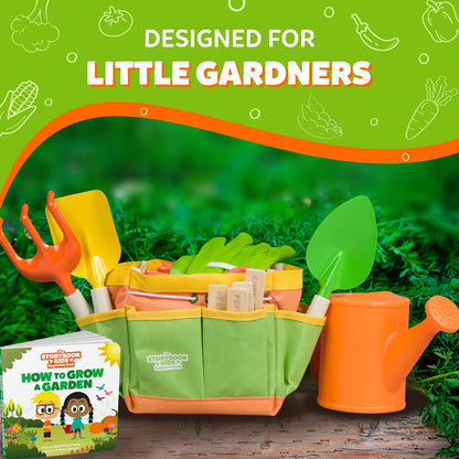 Matching Board Book - Green Kids Gardening Tools Set Includes Sturdy Tote Bag, Watering Can, Shovel, Rake, and Trowel - Garden Storybook - Kids Garden Tools- Easter Gifts for Toddler Age on up.