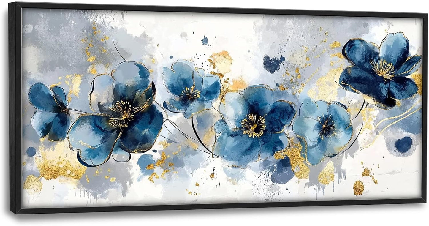 Extra Large Framed Abstract Blue Flower Wall Art,Oversized Golden Grey Floral Wall Decor Pictures for Living Room,Canvas Print Painting Modern Artwork Bedroom Office Bathroom Home Decor 60L" x 30W"