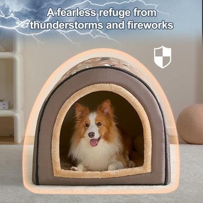 Jiupety 2 in 1 Dog House Indoor, Comfy Cave Bed Covered Dog Bed, Portable House for Medium and Large Dogs, 2XL(35"×27"×26"), Up to 70 Lb, Brown