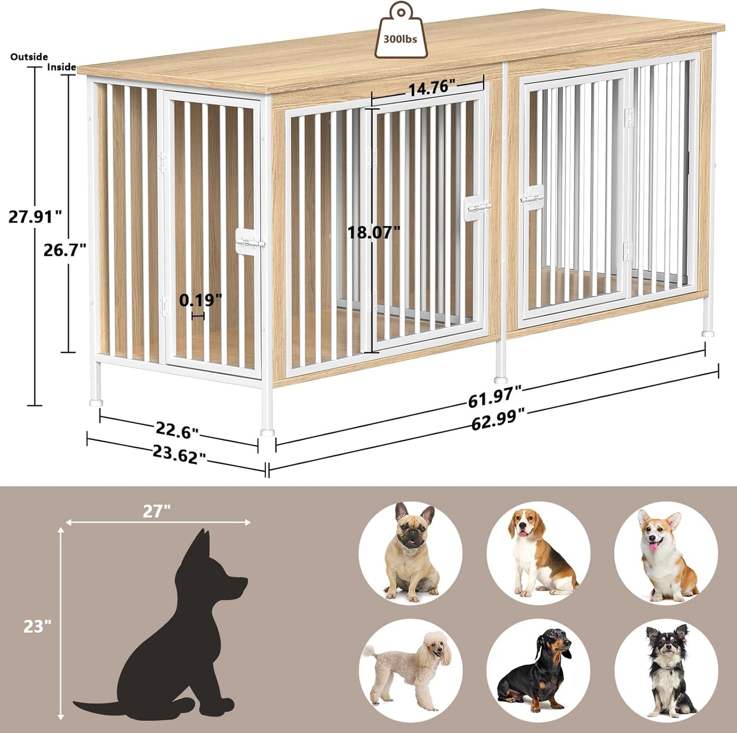 EasyCom 63" Dog Cage Furniture for 2 Pets with Divider, XL Wooden Double Dog Crate Furniture TV Stand for Mideum Breed, Durable and Sturdy