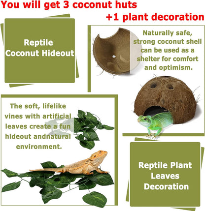 Hamiledyi Reptile Hideouts Natural Coconut Shells Hut Hermit Crab Climbing Toys Gecko Hide Cave Lizard Habitat Decor Plant Leaves Decoration for Spider Snake Chameleon (4Pcs)