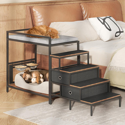 Dog Window Perch with 360° & Adjustable Raised Feeder, Pet Bunk Bed with Removable Stair and 2 Drawers, Elevated Platform Bed, Pet Elevated Seat with Cushion, Paw-Friendly Ladder