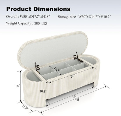 Storage Ottoman Bench Upholstered Corduroy End of Bed with Safety Hinge for Bedroom, Living Room, Entryway, Closet, Stool Modern Design Legs, No Installation Needed, White