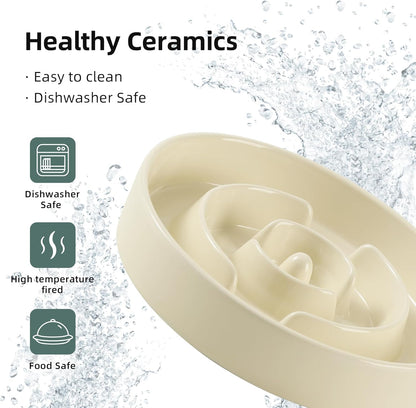 9.5inch Ceramic Raised Slow Feeder Dog Bowl Set, Elevated Bowl with Wooden Stand for Large Dog, Puzzle Slow Pet Food Dish, Anti-Gulping(Beige, Single Bowl+ Stand)