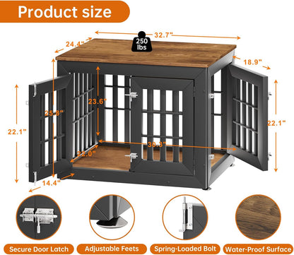 32" Heavy Duty Dog Crate Furniture for Small,Medium and Large Dogs,Rustic Wooden Dog Cage Kennel Indoor Furniture with Waterproof Top,Decorative Pet House Side End Table (Black & Wood)