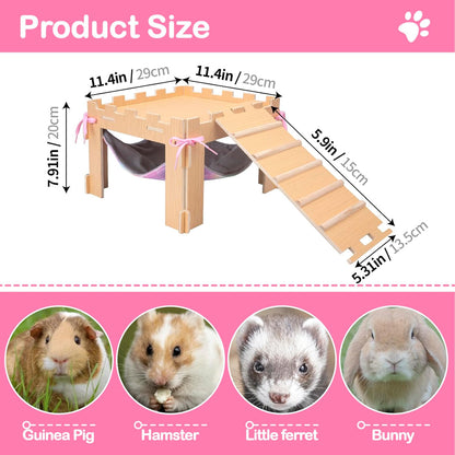 Guinea Pig Hammock with Platform and Ramps,Wooden Small Animal Hideout with Waterproof Coating Mat Hammock,Guinea Pig Cages Accessories Toys Hiding Playing,Easy to Clean(Single)