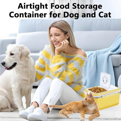 Sanbo Dog Food Storage Container Stainless Steel with Scoop, Airtight Pet Metal Food Storage Bin,Cat Food Canister,Storage Box with Date Tracker for Kitchen (Yellow, 10L)