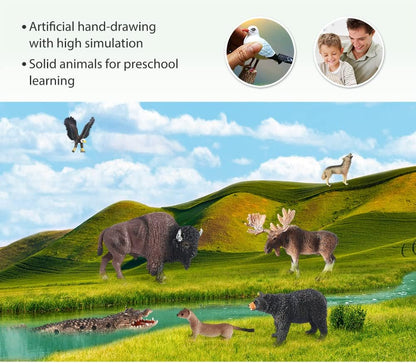 Volnau Safari Animal Figurines Toys 7PCS North America Figures Zoo Pack for Toddlers Kids Christmas Decoration Gift Preschool Educational Moose Wolf Bear Jungle Forest Woodland Set