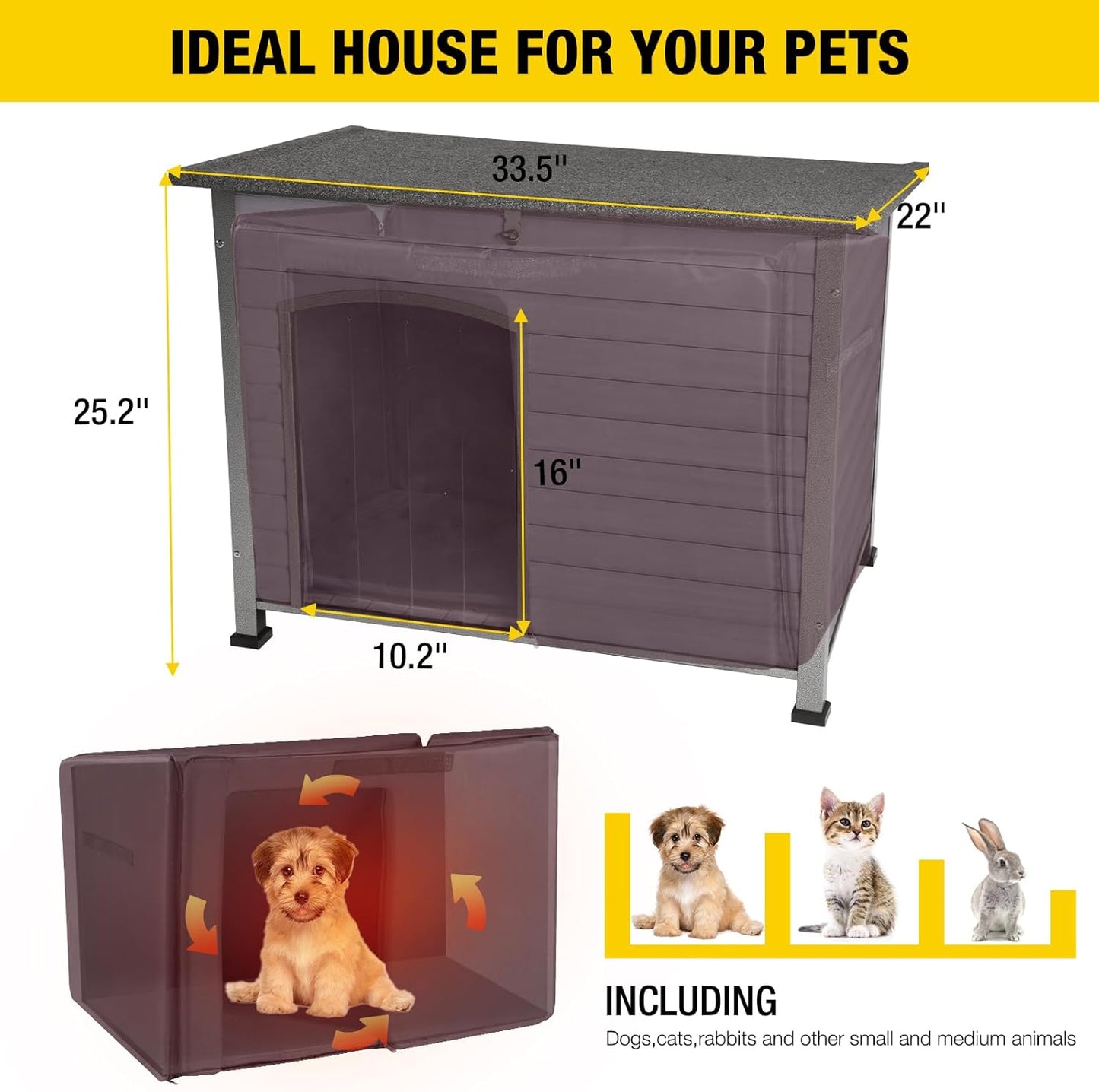 Aivituvin Dog House with Insulated Liner, Outdoor Indoor Weatherproof Dog House for Winter, Suitable for Small & Medium & Large Dogs with Unique All-Around Iron Frame(Grey)