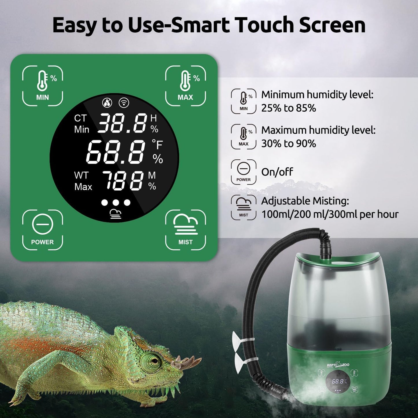 REPTIZOO Reptile Humidifier Fogger, 4L Large Reptile Fogger with Humidity Control, Terrarium Humidifiers with Extended Tube Automatic Reptile Misting System for Reptiles Amphibians Herps Vivarium