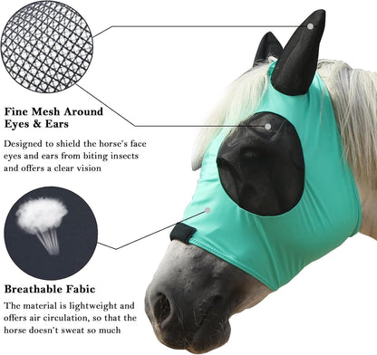 Horse Fly Mask with Ears - Large Eye Space for Full Vision, Breathable Stretch Comfort Fit, UV Protection, Forelock Opening, Easy Pull-On Green Full