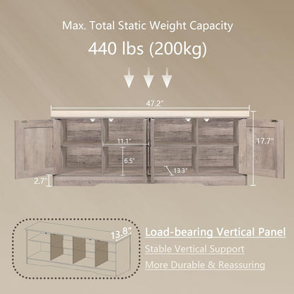 DINZI LVJ Shoe Bench, Entryway Storage Bench with Doors, Cushion, 2-Tier Shoe Rack with 8-Cubby, 47.2”L x 13.8”W Shoe Organizer Cabinet, Adjustable Shelf, Living Room, Bedroom, Greige