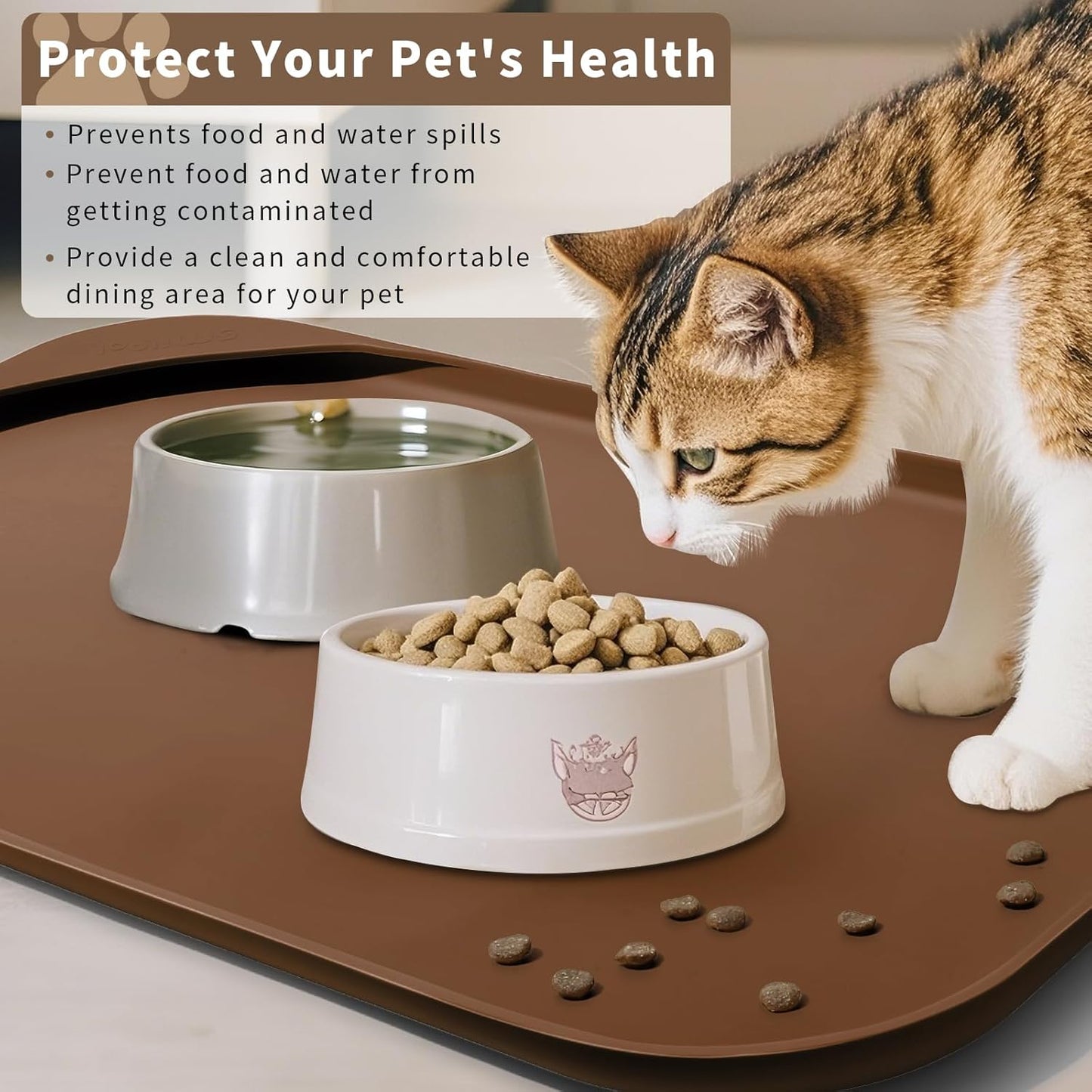 Silicone Pet Feeding Mat with Raised Edge & Residue Collection Pocket for Food and Water, Dog Bowl Mats, Cat Bowls Placemat with High Lip for Floor Waterproof, 22 x 14 x 0.8 Brown