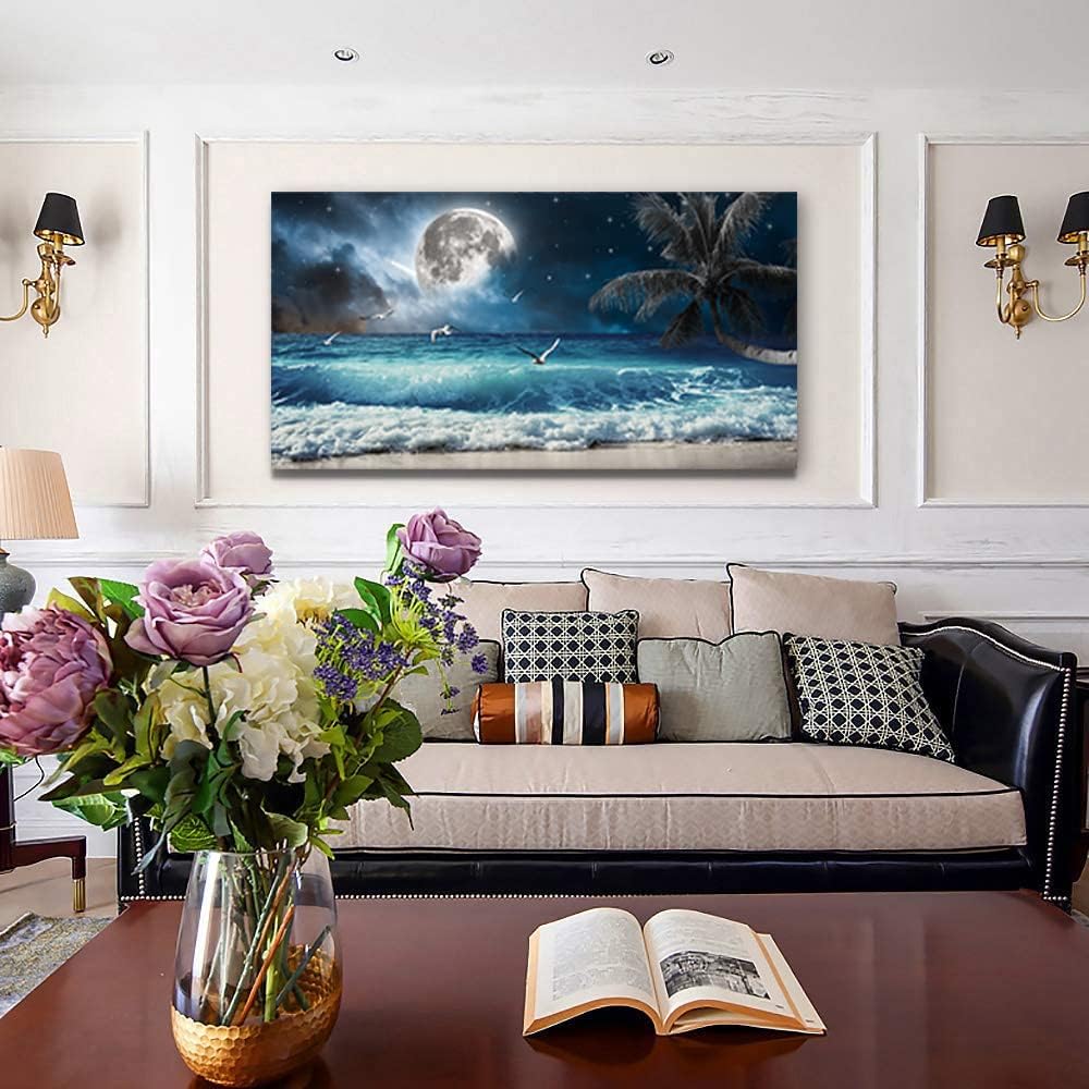 Yxbhhym large Moon Ocean Wall Art Seascape Sea Wall Pictures Canvas Beach Prints Poster Scenery Ocean Paintings Palm Artwork for Bedroom Modern Framed Office Wall Art Living Room Decor-30x60inches