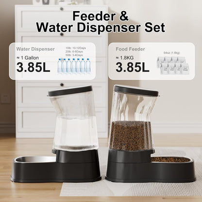 Automatic Pets Gravity Feeder and Water Dispenser Set with Stainless Steel Bowl, 1Gallon x 2 Stable Dog Food Feeder and Waterer, 100% BPA-Free for Small&Medium Dogs, Cats, Puppies(Black)