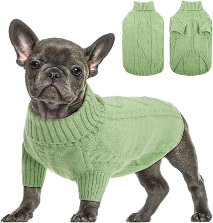 Queenmore Small Dog Pullover Sweater, Cold Weather Cable Knitwear, Classic Turtleneck Thick Warm Clothes for Chihuahua, Bulldog, Dachshund, Pug, Yorkie (Green, X-Small)