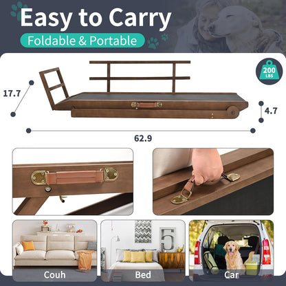 Dog Ramp, 5 Level Adjustable Height Folding Pet Ramp for High Bed, Portable Paw Ramps Large Bed Ramp for Medium & Large Old Dogs & Cats - Natural Wood Furniture Quality