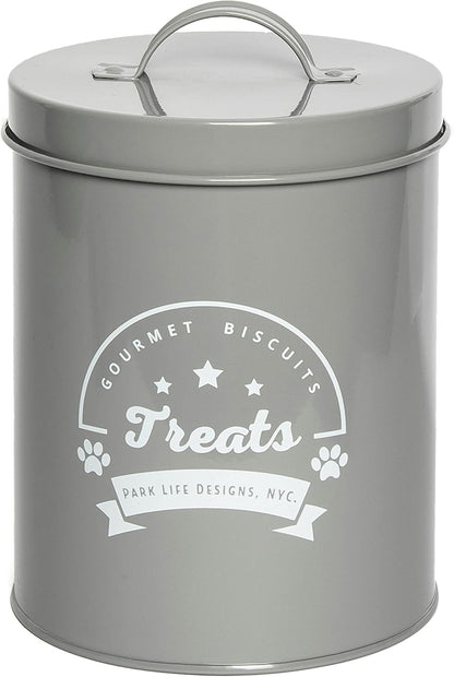 Park Life Designs - Metal Pet Treat Jar with Airtight Lid for Dogs, Cats, Puppies and More, Chic Kitchen Countertop Container for Cookies, Biscuits and Treats (Gourmet Biscuits, Grey, 1.4 Qt)