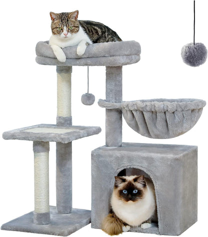 PEQULTI Small Cat Tree, [28.5''] Cat Tower for Indoor Cats, 2 Styles Activity Tree with Cat Scratching Posts, Big Hammock and Removable Top Perch Grey