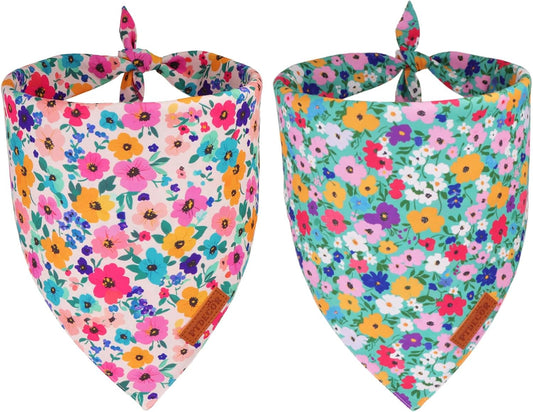 PTDECOR Floral Dog Bandana, Flower Reversible Pets Scarf, Premium Durable Fabric, Adjustable Pink