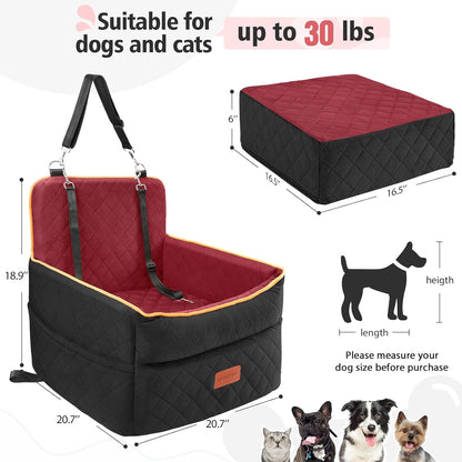 Dog Car Seat for Small Medium Dogs, Memory Foam Puppy Dog Booster Seat with Thick Cushion for Dogs Under 35lbs, Detachable Washable Pet Car Seat Travel Bed with Storage Pockets,2 Safety Belts