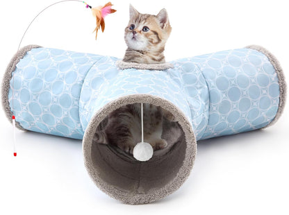 Tempcore Pet Cat Tunnel Tube Toys 3 Way Collapsible, Cat Tunnels for Indoor Cats Fleece-Lined in for Warmth，Kitty Tunnel Bored Cat Pet Toys Peek Hole Toy Ball Cat, Puppy, Kitten, Geometry Blue