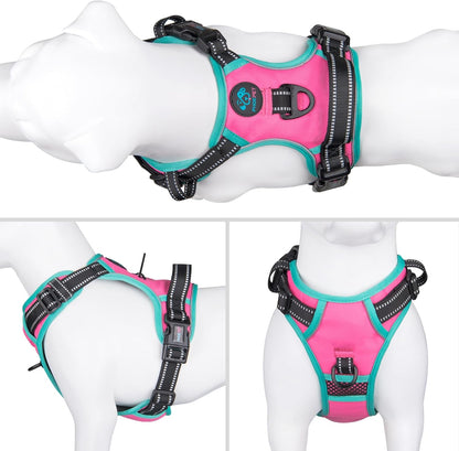 PHOEPET 2019 Upgraded No Pull Dog Harness, Reflective Adjustable Vest, with a Training Handle + 2 Metal Leash Hooks+ 3 Snap Buckles +4 Slide Buckles(M, Pink)