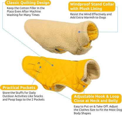 Queenmore Dog Winter Coat Warm Puffer Jacket Waterproof Plush Lining Thermal Cold Weather Vest for Small Medium Large Dogs, Windproof Easy On Pet Jacket Yellow XS