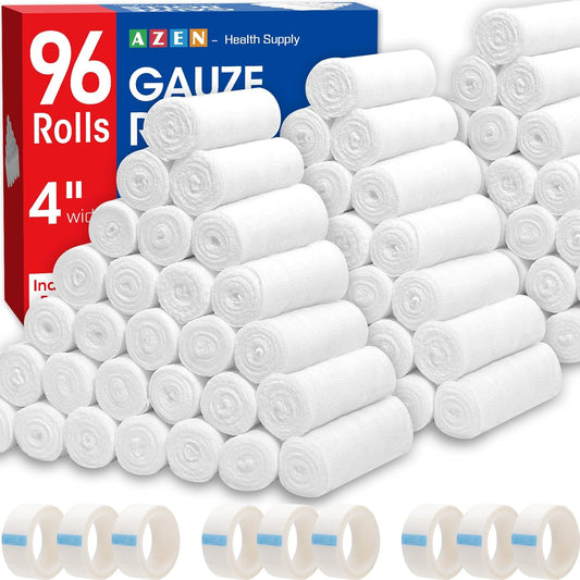 AZEN 96 Pack Gauze Rolls Bandages, 4 in x 4.1 Yards, Premium Medical Supplies & First Aid Supplies, Bandage Wrap Vet Wrap, Mummy Wraps