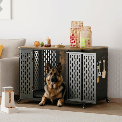 Heavy Duty Dog Crate Furniture for Large and Medium Dogs, 43.7 Inch Large Dog Crate Kennel with Flip Top & Cushion & Wheels, Escape Proof Pet Cage for High Anxiety Dogs