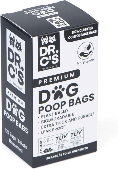 100% Certified Compostable Dog Poop Bags - Dr. C's Premium Dog Poop Bags - 120 Bags / 8 Rolls, Extra thick, Leak Proof, Unscented, Plant Based and Earth Friendly