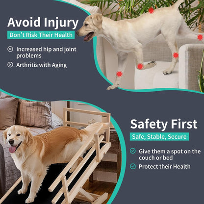 Dog Ramp, 5 Level Adjustable Height Folding Pet Ramp for High Bed, Portable Paw Ramps Large Bed Ramp for Medium & Large Old Dogs & Cats - Natural Wood Furniture Quality