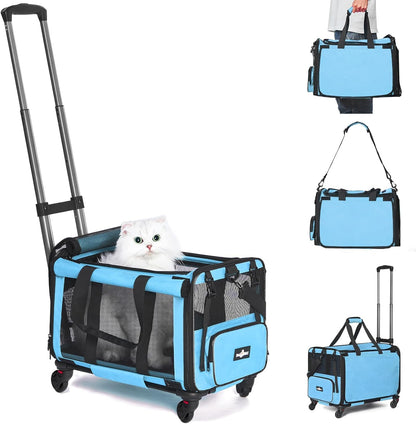 Pet Carrier with Wheels, Durable Airline Approved Cat Crate, Foldable Rolling Dog Carrier, Cat Rolling Bag for Cat &Dog, Use for Travel, Outdoor, Vet Visits, Camping, Indoor. Blue.