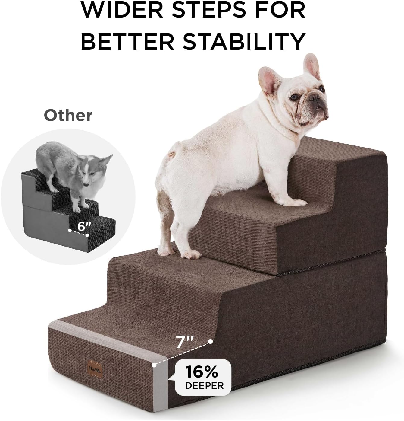 Made4Pets Dog Stairs for High Bed, Extra Wide Pet Stairs for Bed Couch Sofa, 35D Foam Pet Steps for Small Dogs and Cats, Non-Slip Bottom Dog Steps, Brown, 5 Steps