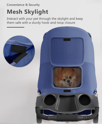 Pet Stroller with 3 Wheels for Small/Medium Pets, Portable Travel Foldable Carrier Jogger for Dog Cat Puppy Kitty, Rear Wheel Breaks, Storage Basket, Visible Mesh Weather Cover (Navy Blue)