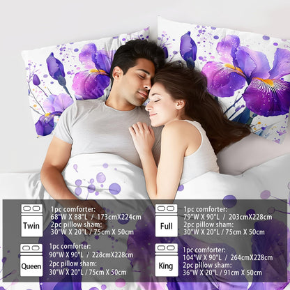 Purple Floral Comforter Set Queen Size Woman,Purple Iris Comforter for Girls,Pink Flower Bedding Set Queen Bedroom Decor,Floral Bedding Quilt Bed Decor Pink for Kids and Adults
