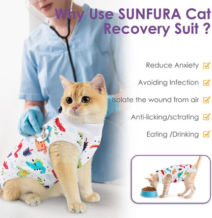 SUNFURA Cat Recovery Suit, Kitten Surgical Full Bodysuit for Abdominal Wound Protector Anti Licking After Surgery, Professional Bandages Cone E-Collar Alternative for Small Male & Female Pets