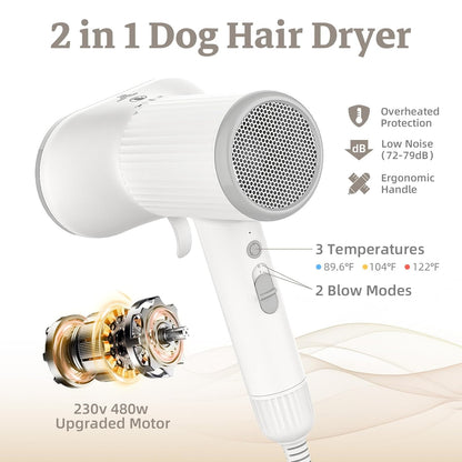Dog Hair Dryer, Professional 2-in-1 Pet Hair Dryer & Grooming Brush with Removable Comb, Adjustable Temperature/Speed, Portable Dryer for Dogs and Cats