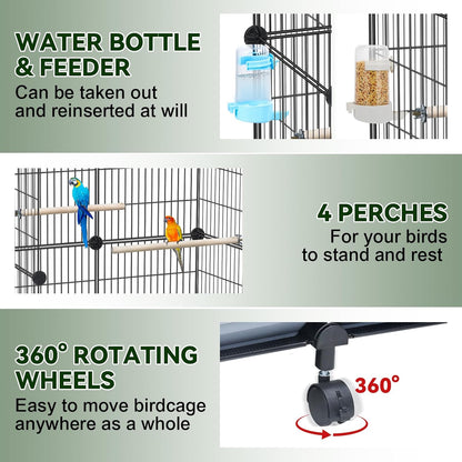 46-Inch Bird Cage, with Wooden Perches, Metal Parakeet Cage with Slide-Out Tray, Water Bottle & Feeder, Bird Cages for Parrot, Parakeets, Cockatiel, Lovebird, Pigeon and Small Mid-Sized Birds