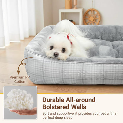 MIHIKK Rectangle Dog Beds for Small Medium Dogs & Cats, Orthopedic Sleeping Pet Bed for Couch with Durable Puppy Cuddler and Anti-Slip Bottom Machine Washable 25 * 21 Inch (Gray)