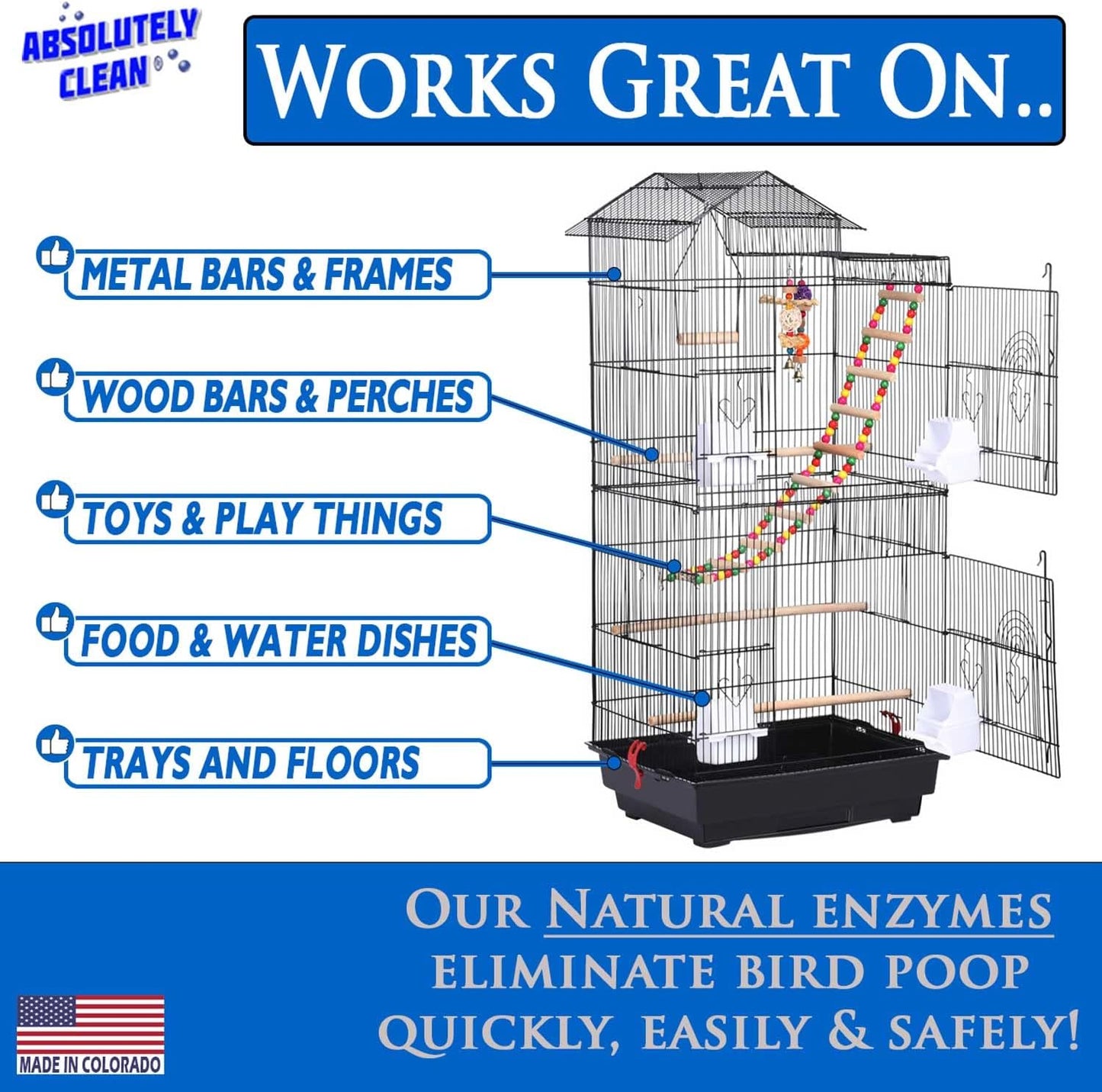 Absolutely Clean Amazing Bird Cage Cleaner and Deodorizer - Just Spray/Wipe - Safely & Easily Removes Bird Messes Quickly and Easily - Made in The US - Fragrance Free - 16oz (Pack of 2)