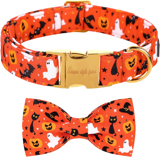 Unique style paws Halloween Dog Collar with Bow Tie Cotton Adjustable Puppy Collar for Small Medium Large Dogs-M